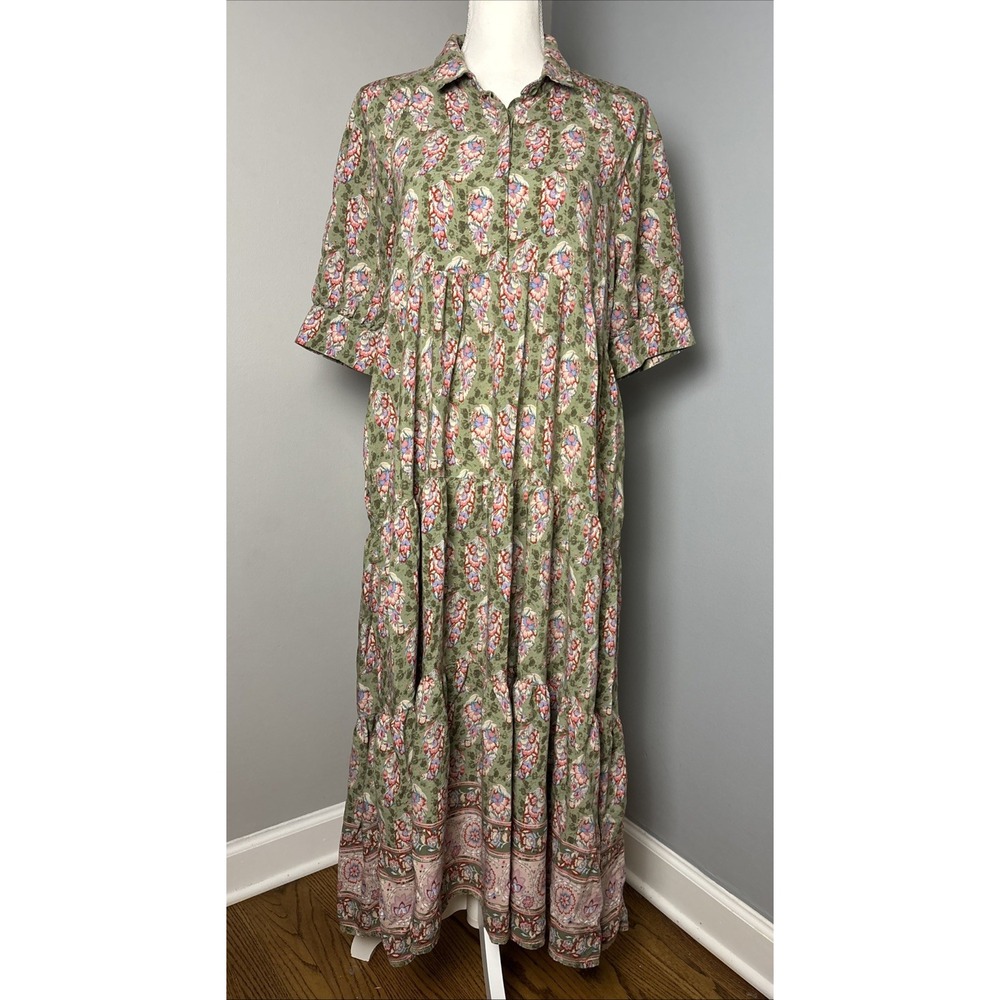 Natural Life Olive Green MIDI Tiered Dress Floral Boho Prairie Shabby Chic Large